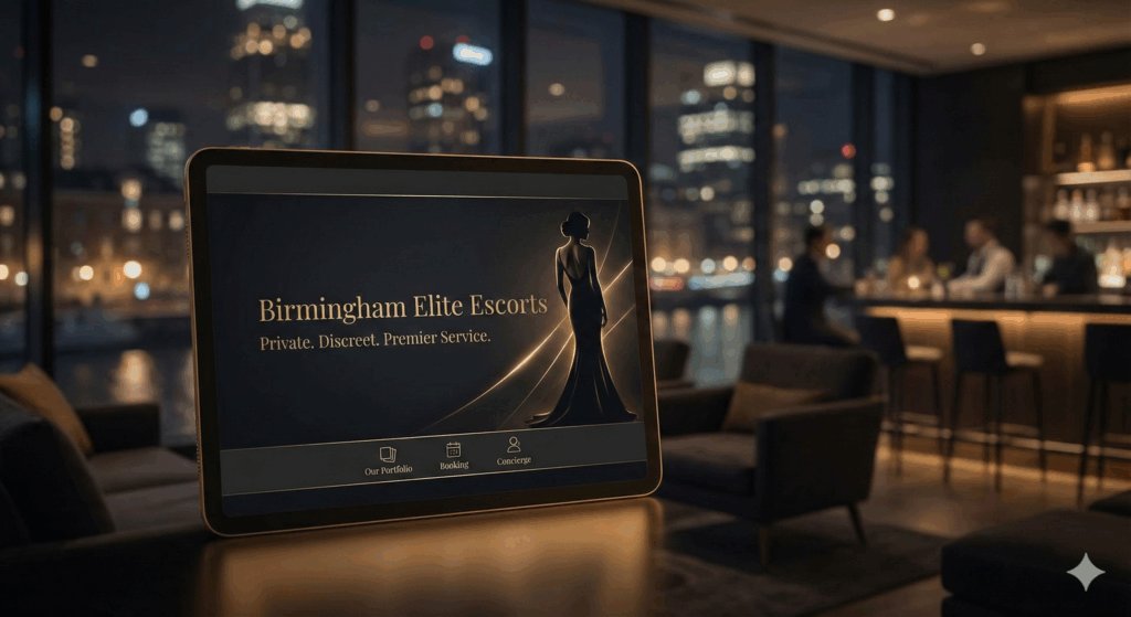 Premium Birmingham escort agency website mockup displayed on a high-resolution tablet. The image captures a sophisticated nightlife vibe with a blurred Birmingham city skyline background, golden bokeh lighting, and a sleek user interface emphasizing discretion and luxury adult nightlife services